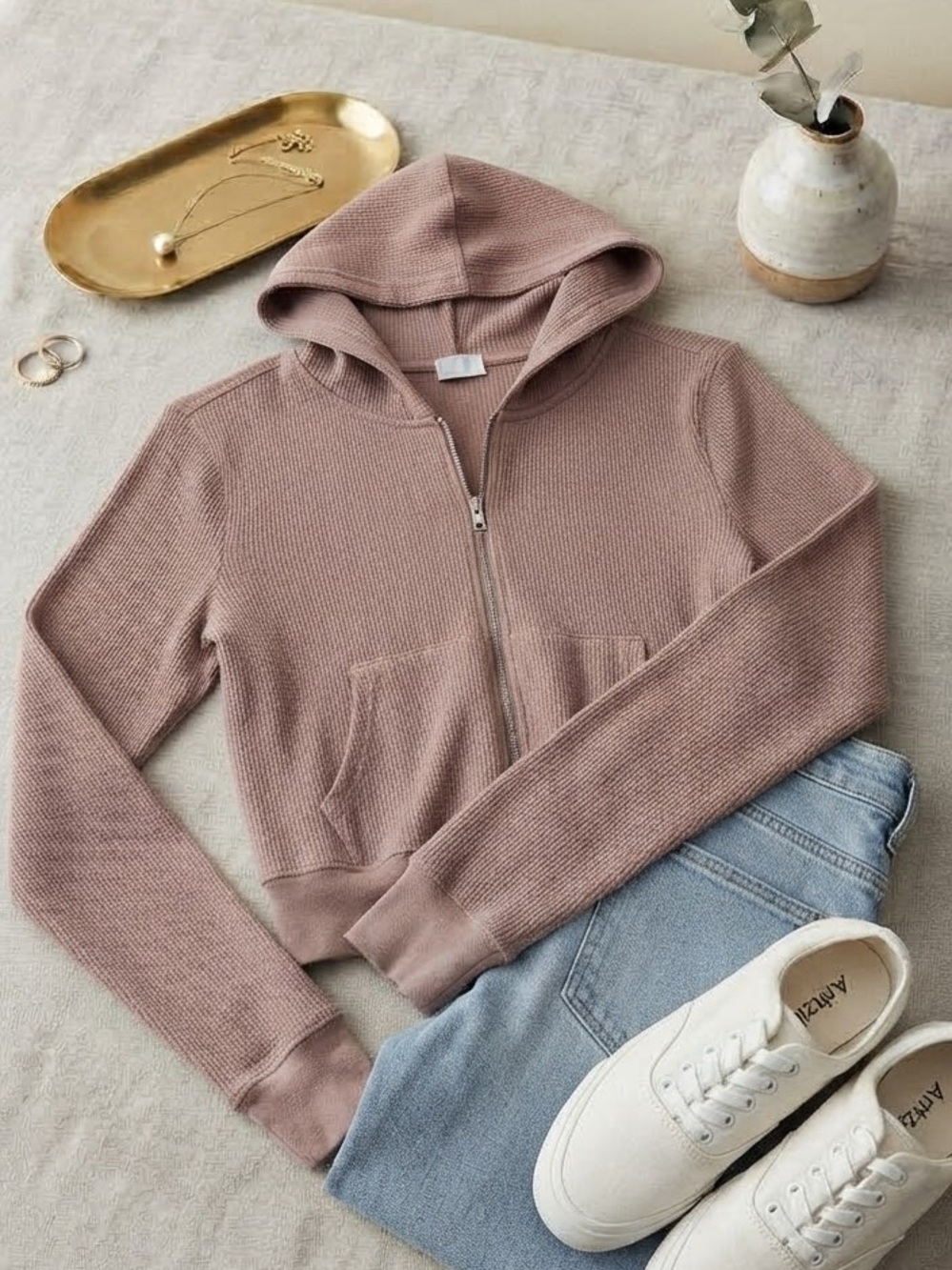 Aritzia Tna Waffle Knit Cropped Full Zip Hoodie Mauve Pink Small